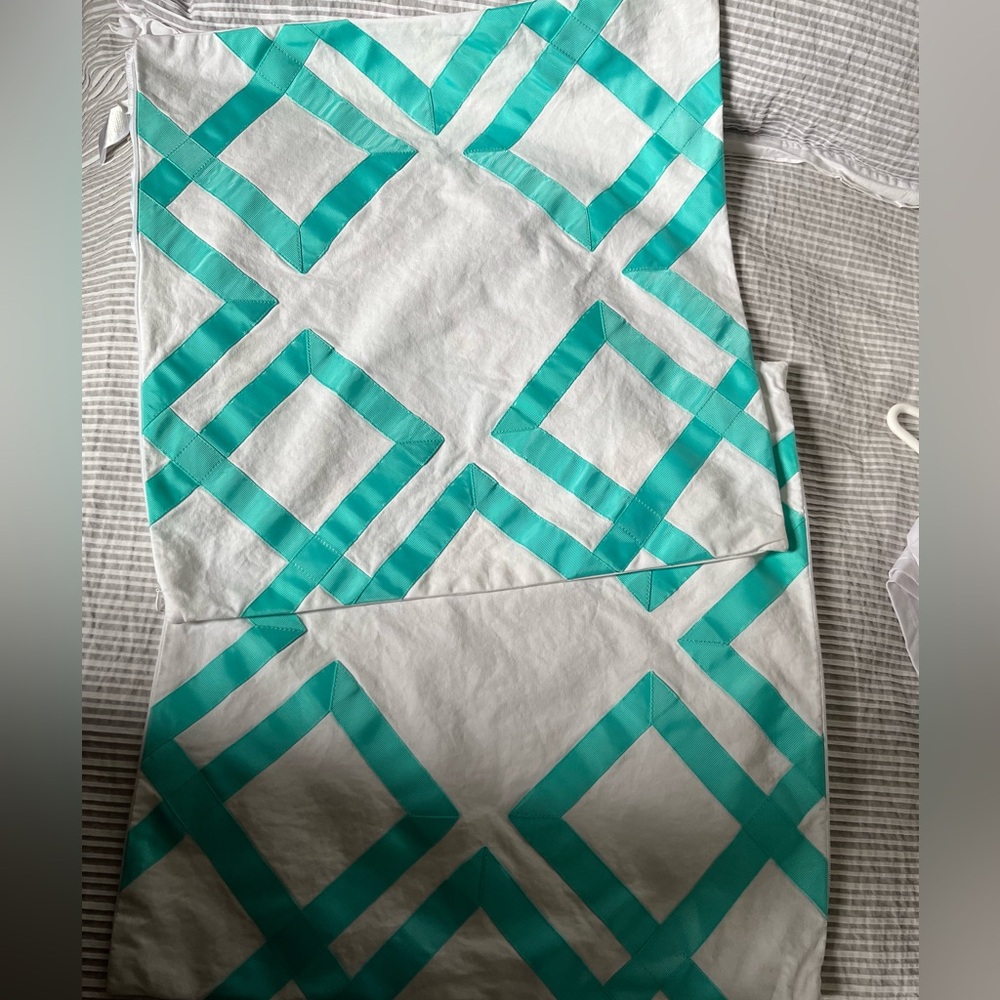 Pottery Barn -2 cushions in white and teal ribbon from PBTEEN collection